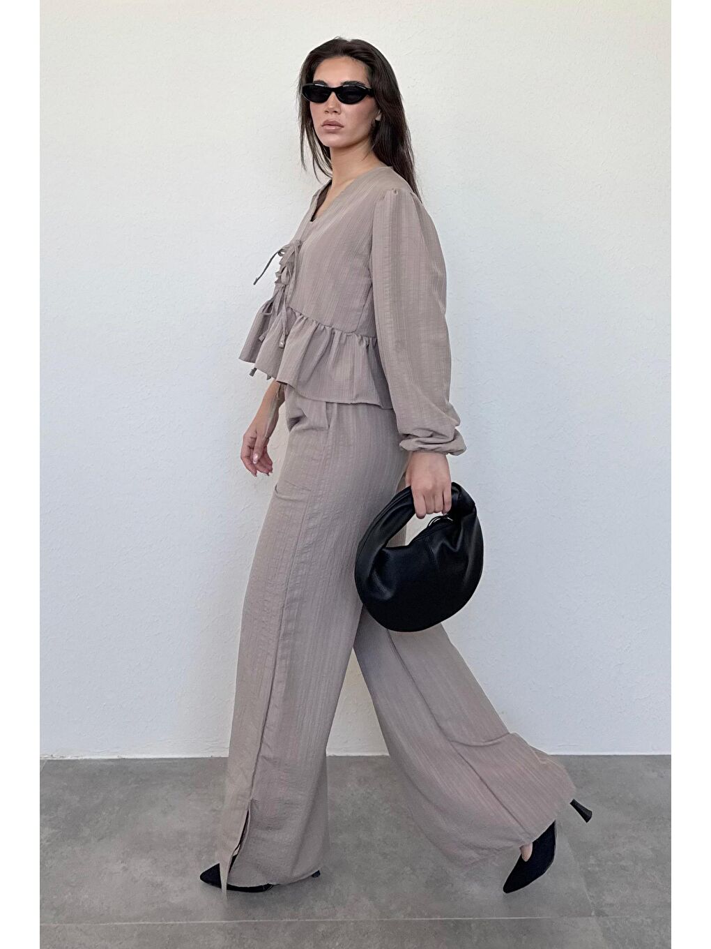 Kahverengi Camel Önü Bağlamalı Bluz Pantolon Takımı Mg2343-4