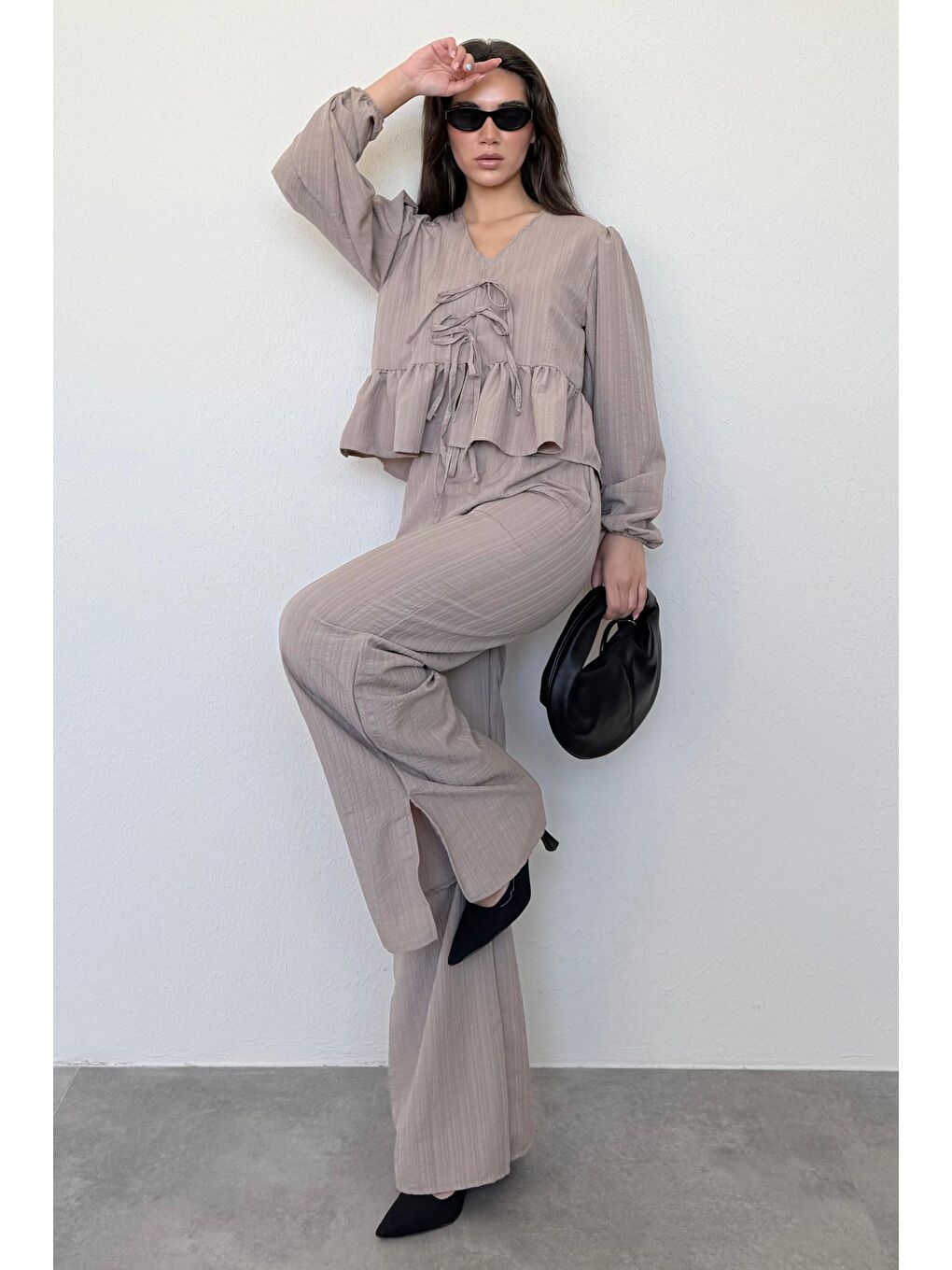 Kahverengi Camel Önü Bağlamalı Bluz Pantolon Takımı Mg2343-5