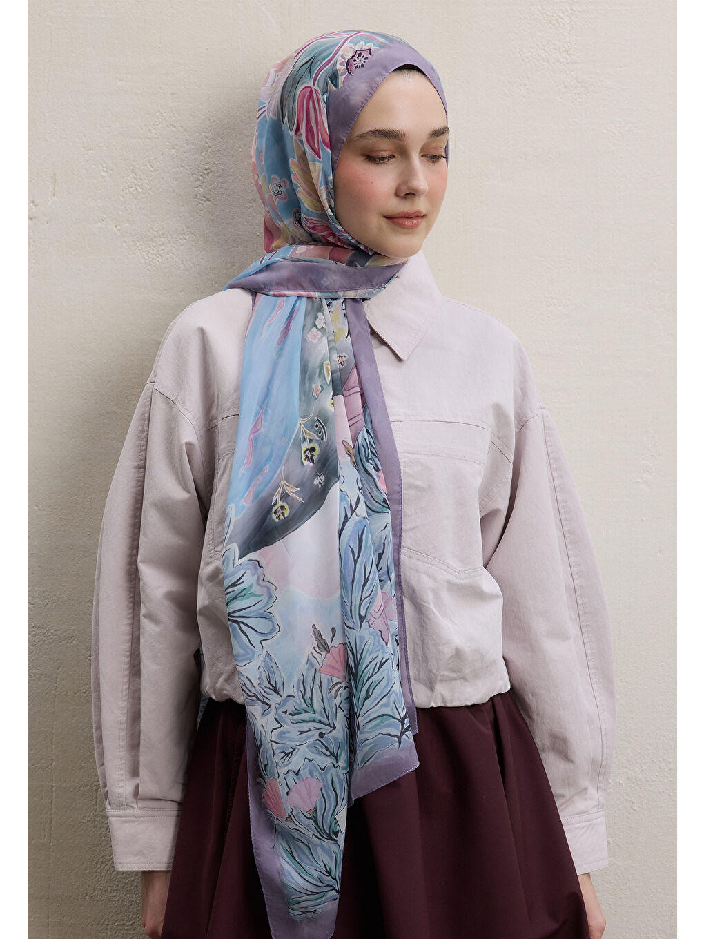 Flower Dreams Desen İpek Krep Şal Soft Pembe