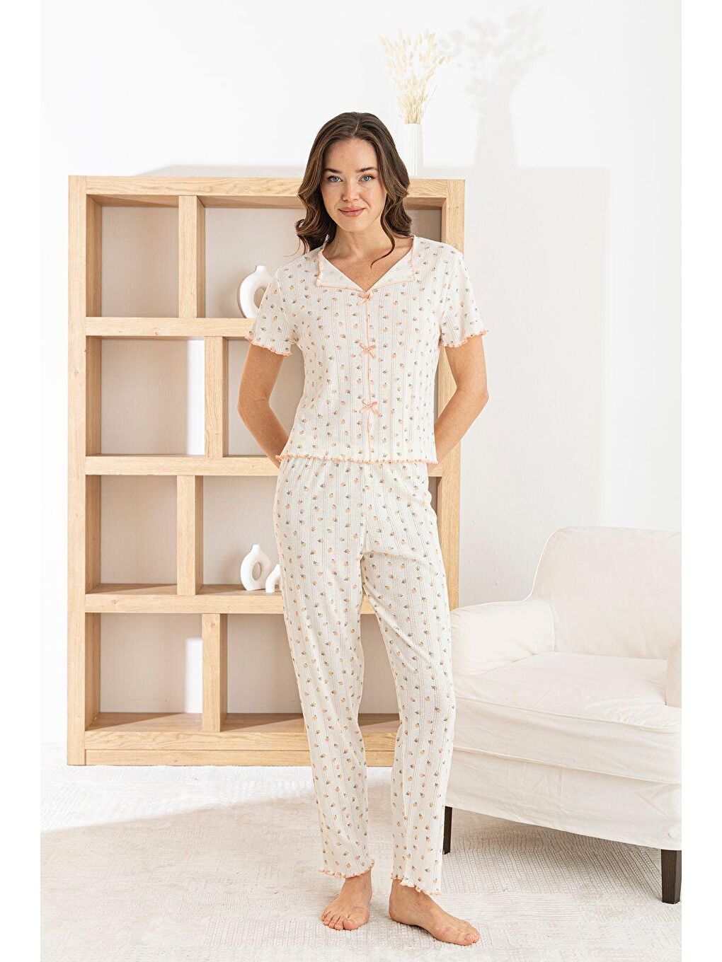 Turuncu Kadın %100 Pamuk Kurdele/Fiyonklu Kısa Kollu Fitilli Kaliteli Örme Pijama Takımı-1