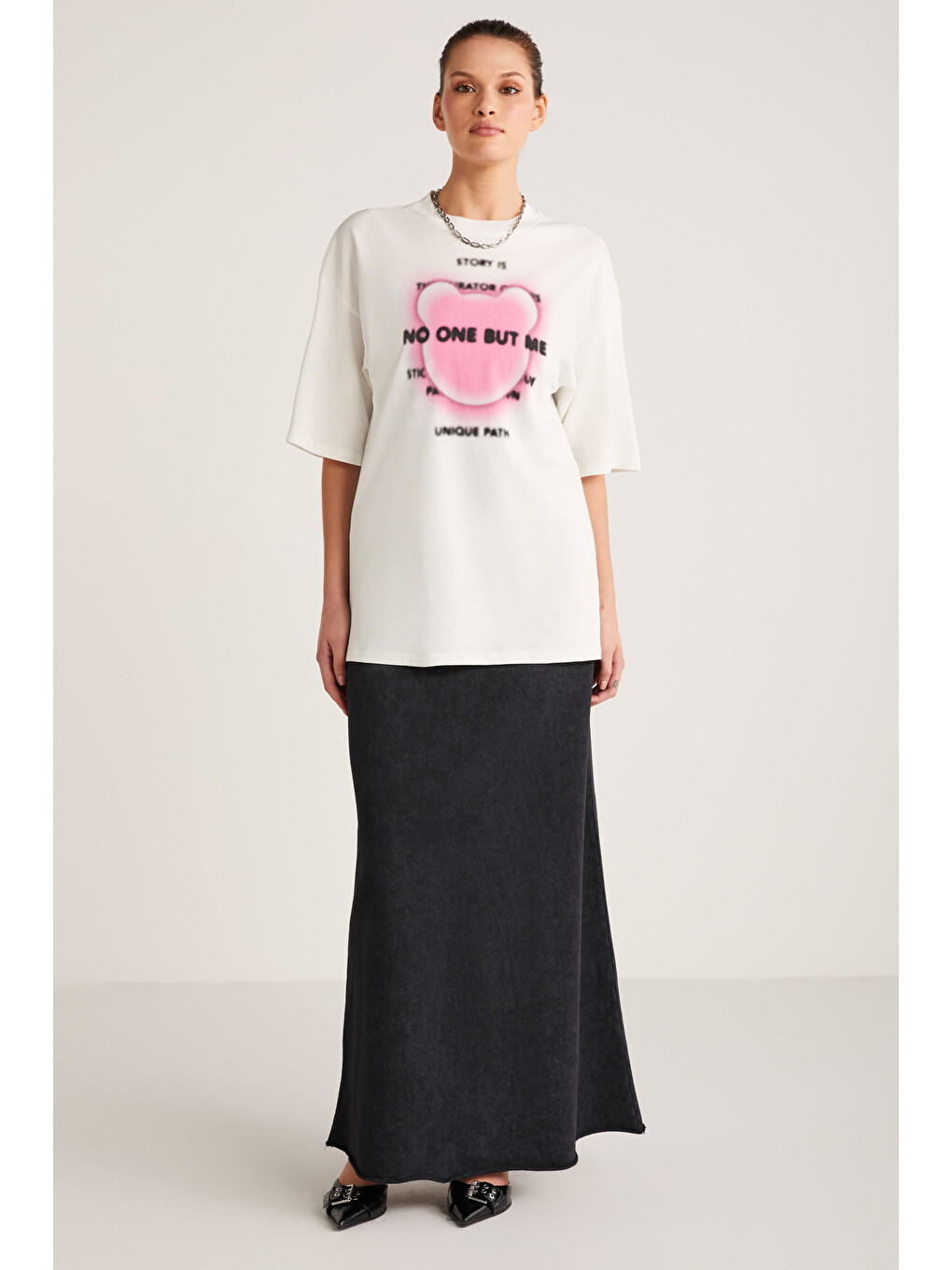 Bug Kadın %100 Organik Pamuklu Baskı Detaylı Oversize Fit Bol Kesim Kısa Kollu Ekru T-shirt-2