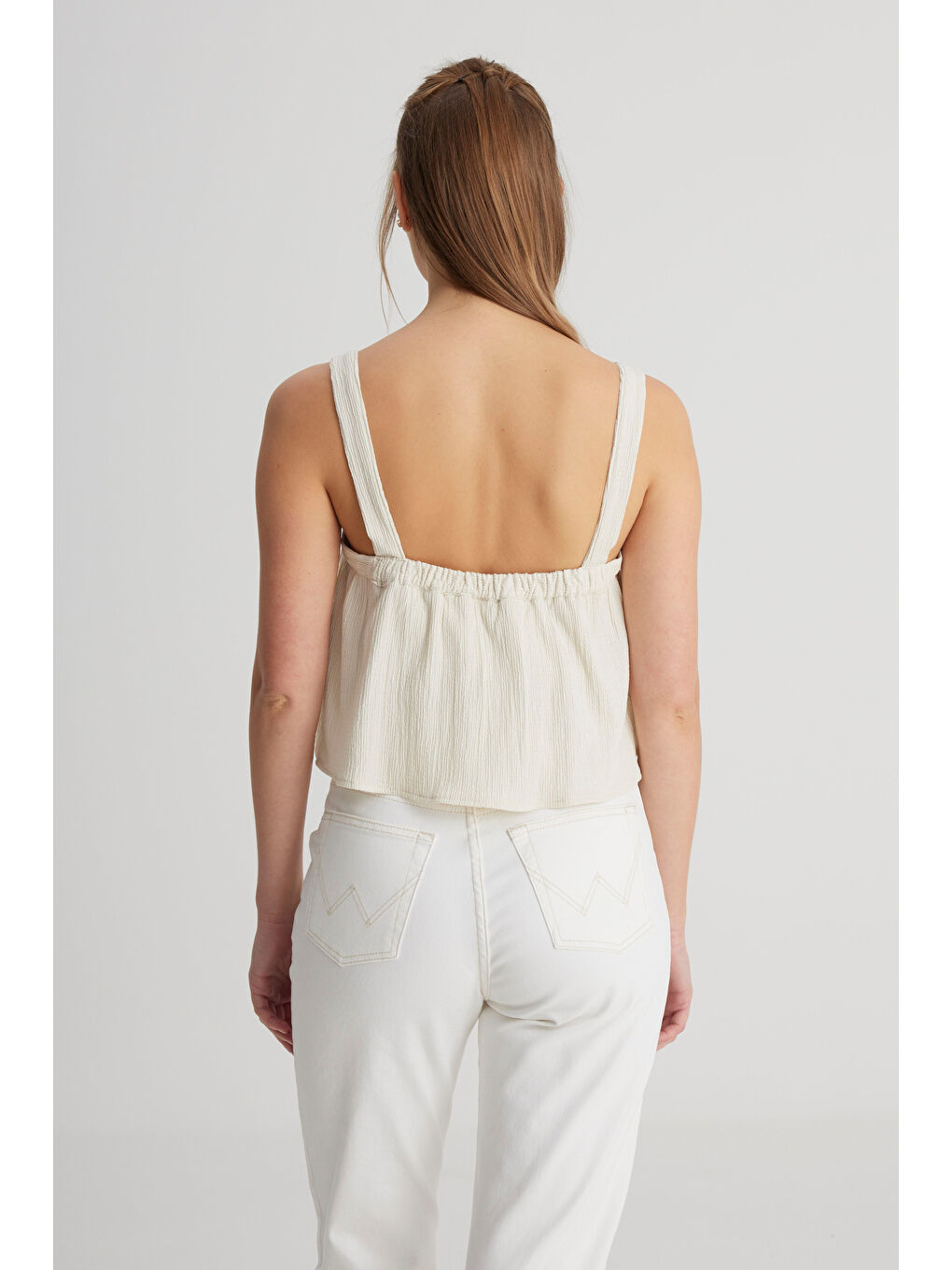 Relaxed Fit Geniş Kesim Kare Yaka Ekru Bluz-4