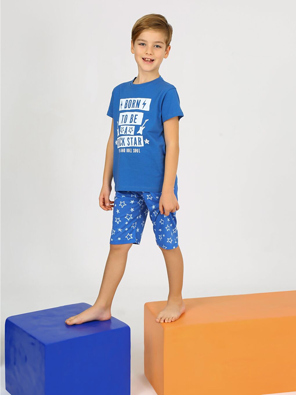 Erkek Çocuk Kısa Kollu Kapri %100 Pamuklu Rock Star Pijama Takımı İndigo