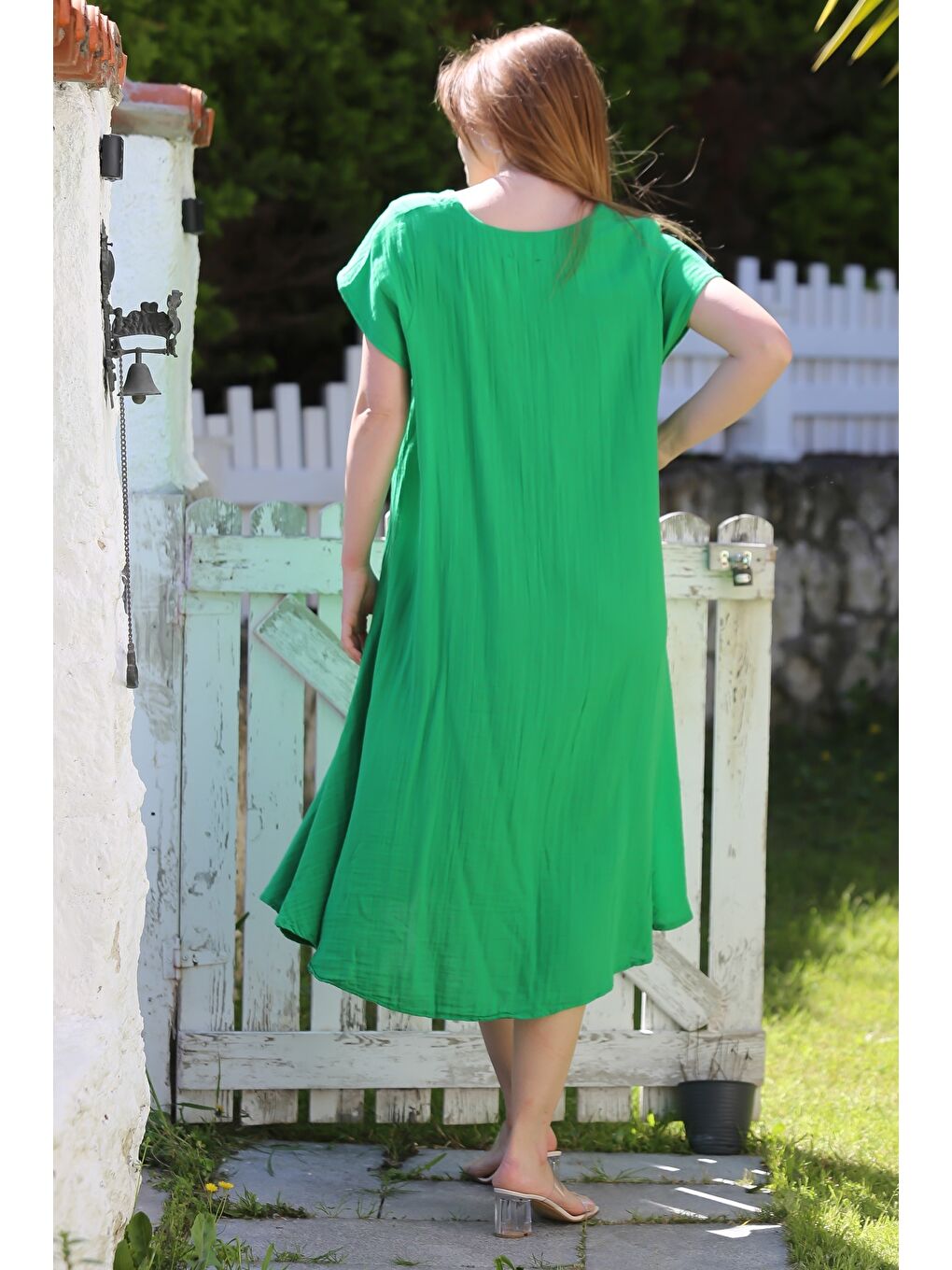 Yeşil V Yaka Düşük Kol Casual Müslin Dokuma Elbise Kloş Etek 115 63-3