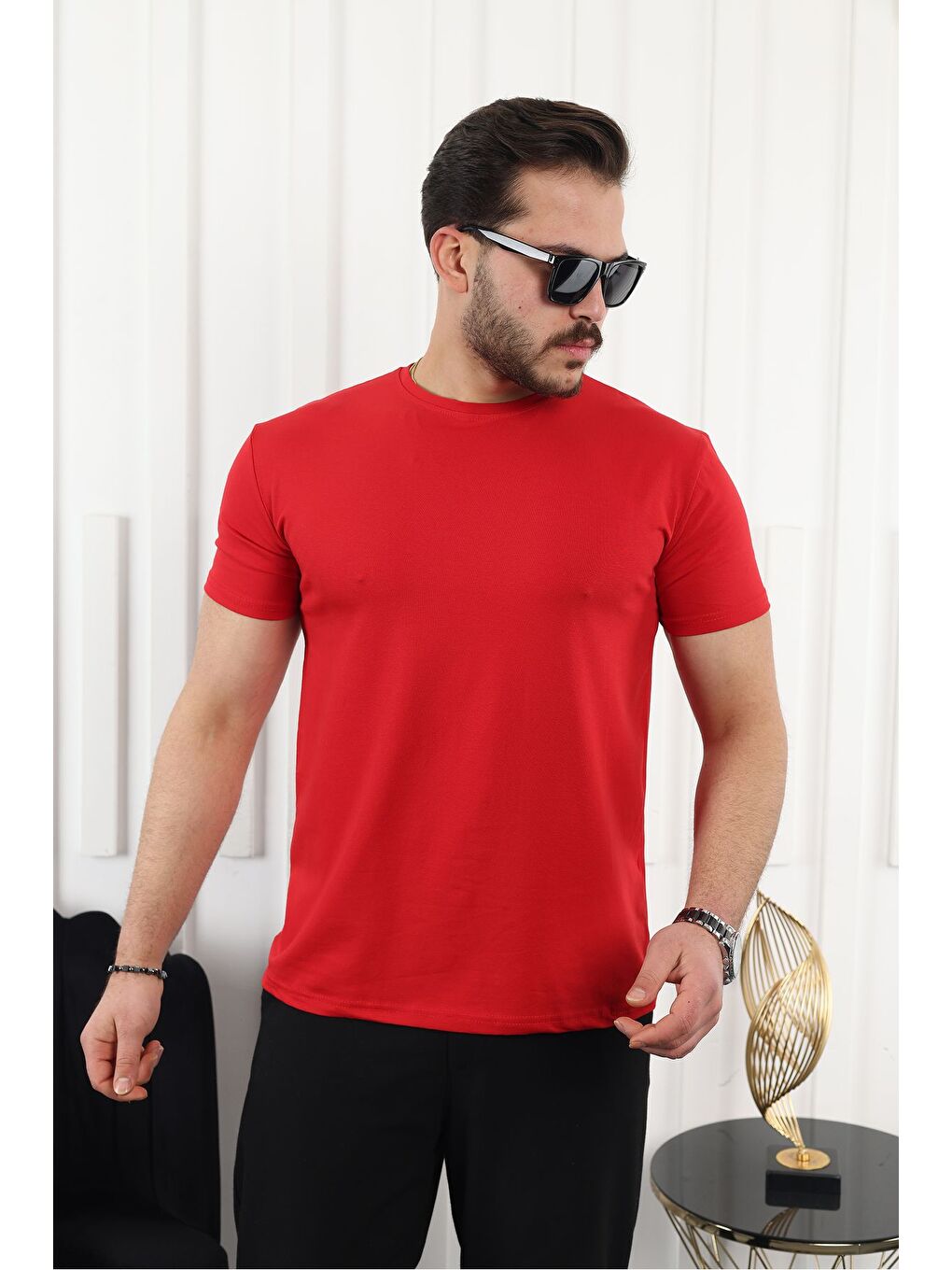 Kırmızı Erkek Slim Fit Baskısız T-Shirt