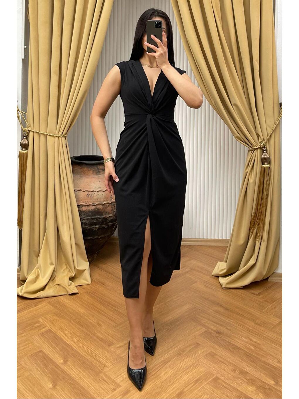 Siyah Yırtmaç Detaylı Kruvaze Yaka Kadın Elbise Mg2417-1