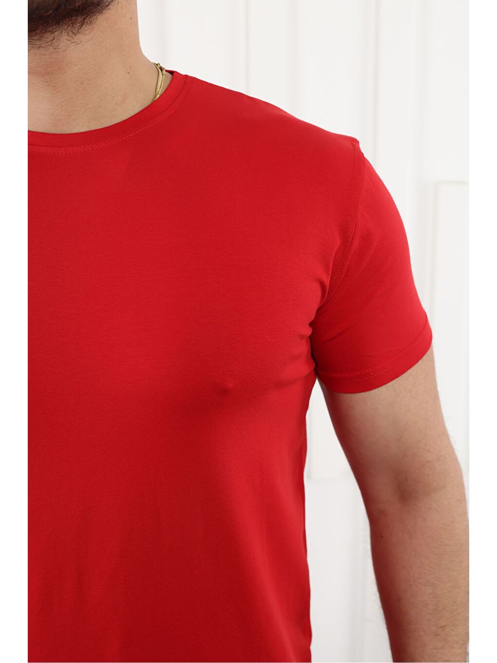 Kırmızı Erkek Slim Fit Baskısız T-Shirt-1