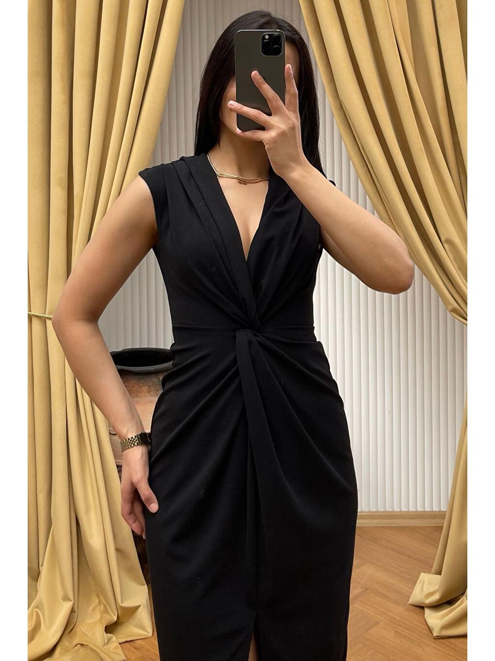 Siyah Yırtmaç Detaylı Kruvaze Yaka Kadın Elbise Mg2417-2