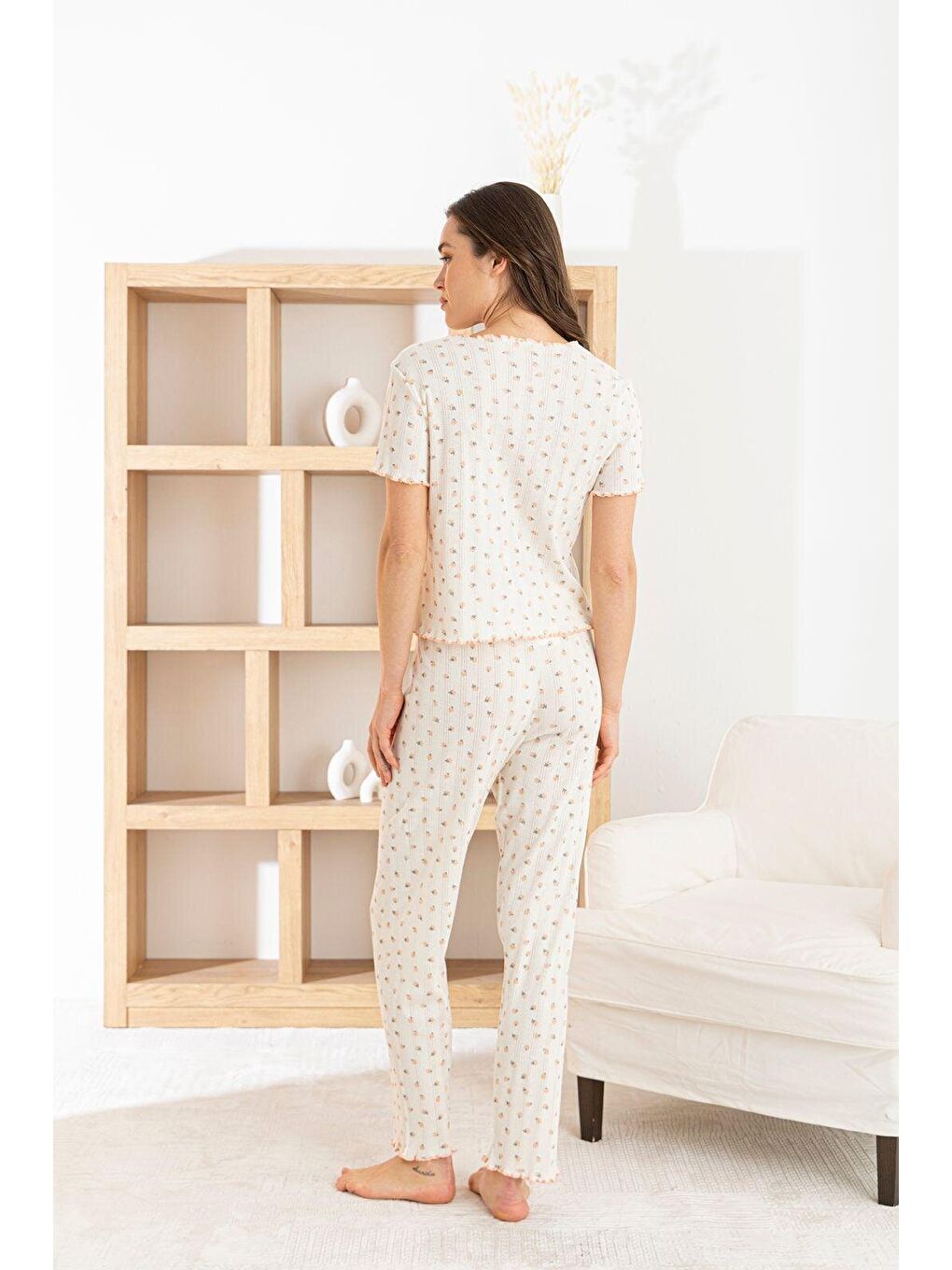 Turuncu Kadın %100 Pamuk Kurdele/Fiyonklu Kısa Kollu Fitilli Kaliteli Örme Pijama Takımı-2