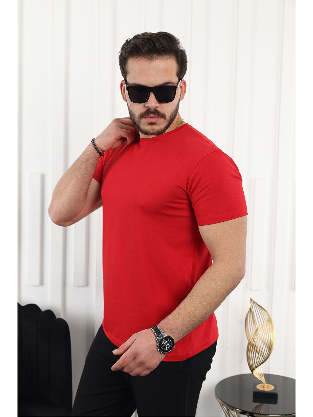 Kırmızı Erkek Slim Fit Baskısız T-Shirt-2