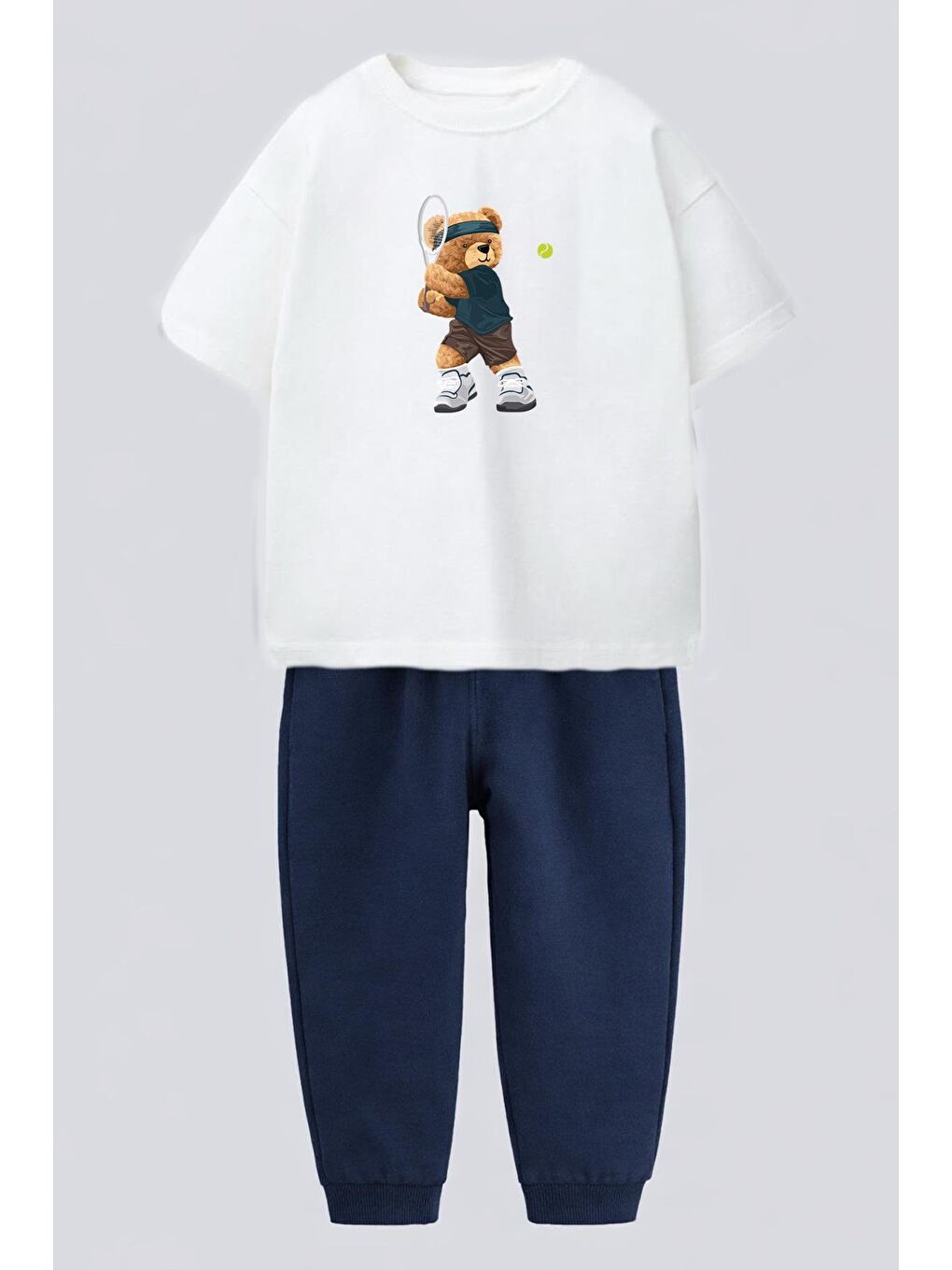 Ekru Erkek Çocuk Ayıcık Baskılı Tshirt ve Eşofman Takım-1