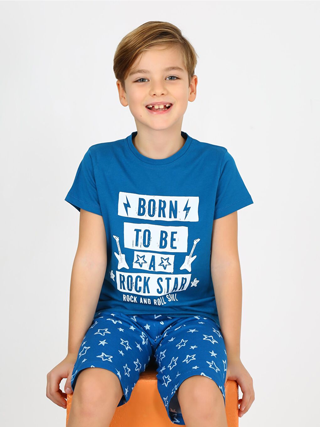Erkek Çocuk Kısa Kollu Kapri %100 Pamuklu Rock Star Pijama Takımı İndigo-4