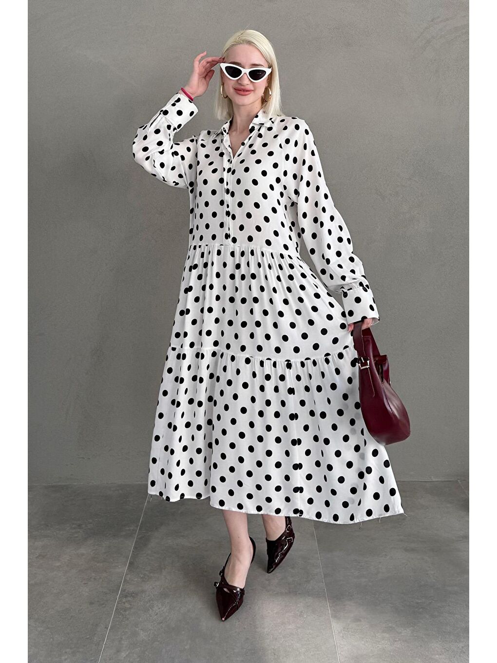 Beyaz Uzun Kollu Düğmeli Desenli Elbise Mg2430