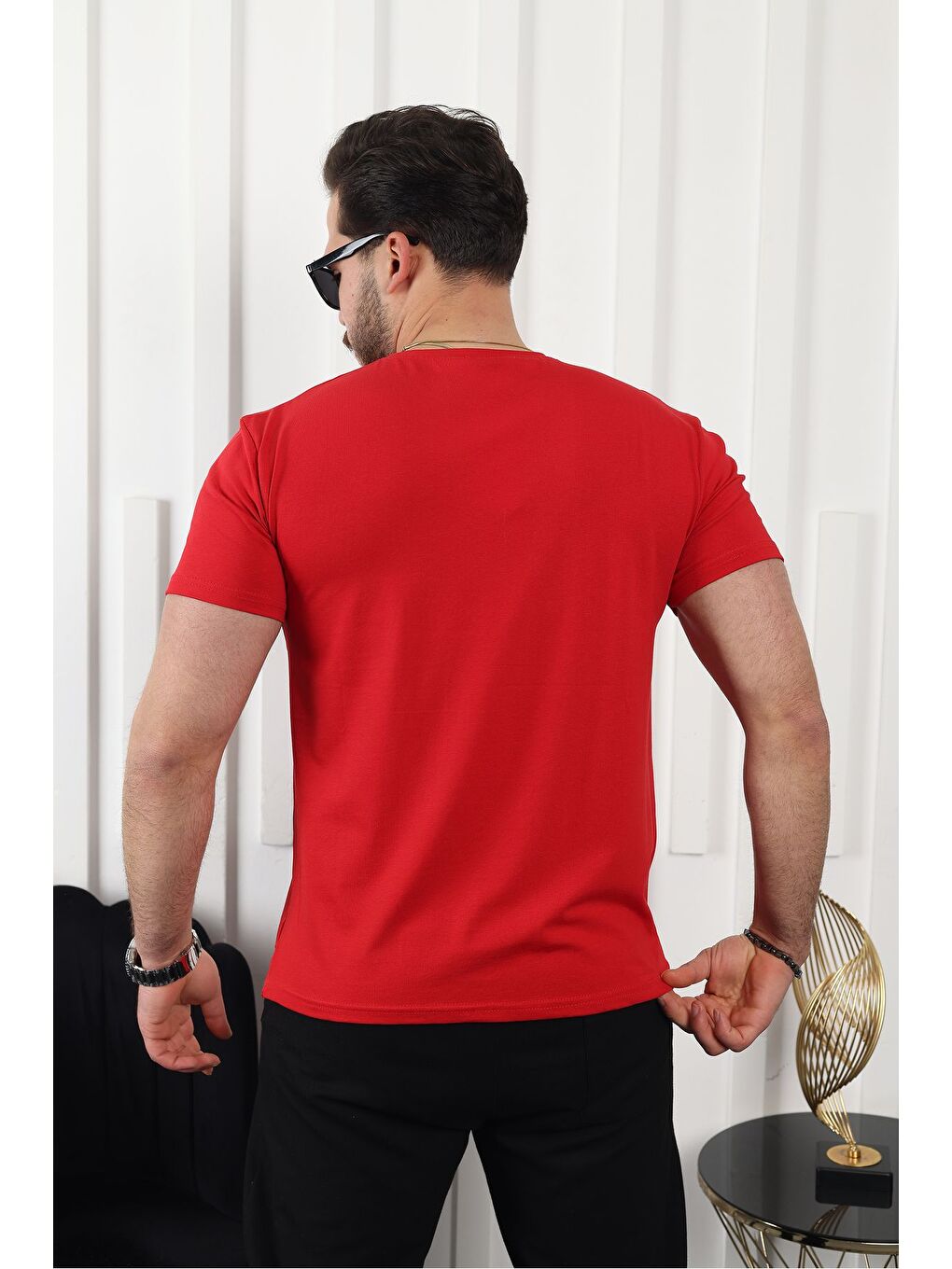 Kırmızı Erkek Slim Fit Baskısız T-Shirt-3
