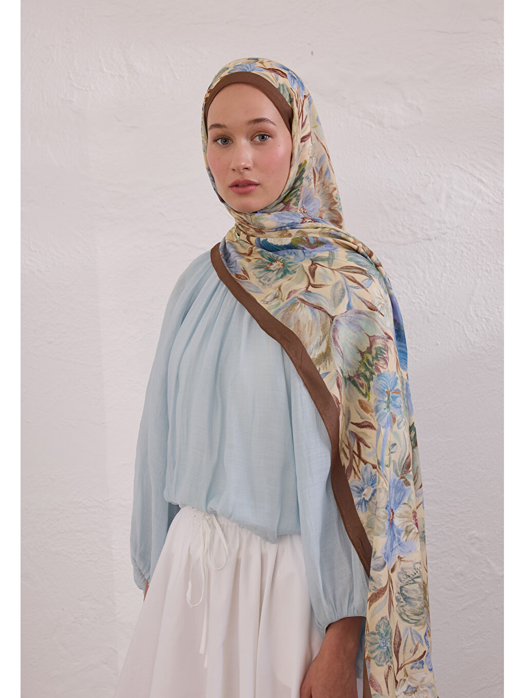 Kahverengi Vıntage Garden Desen Rami Şal Fındık Kabuğu-1