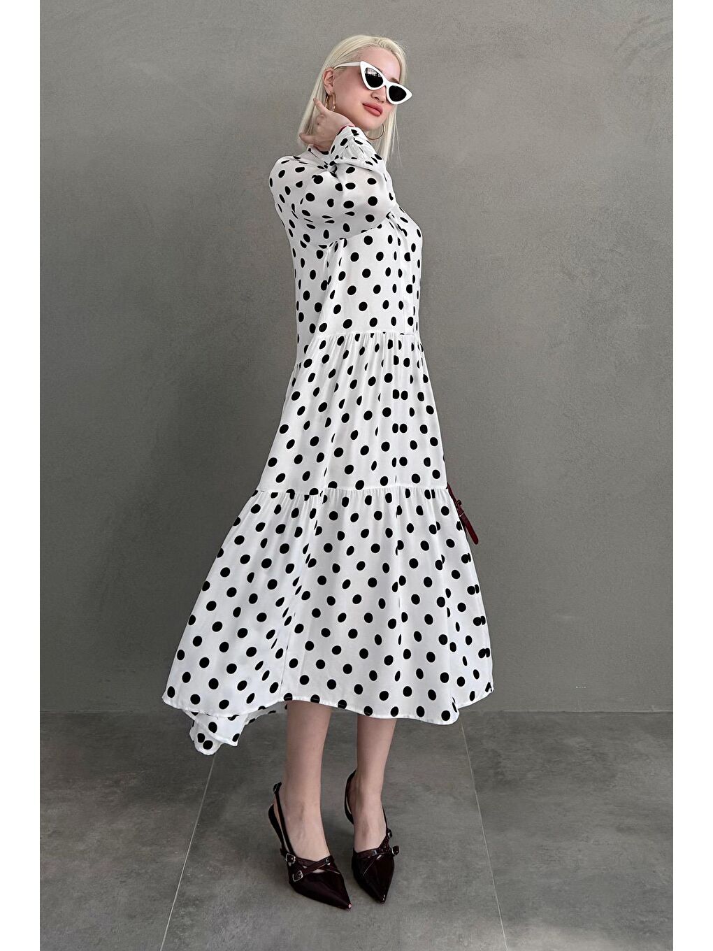 Beyaz Uzun Kollu Düğmeli Desenli Elbise Mg2430-1