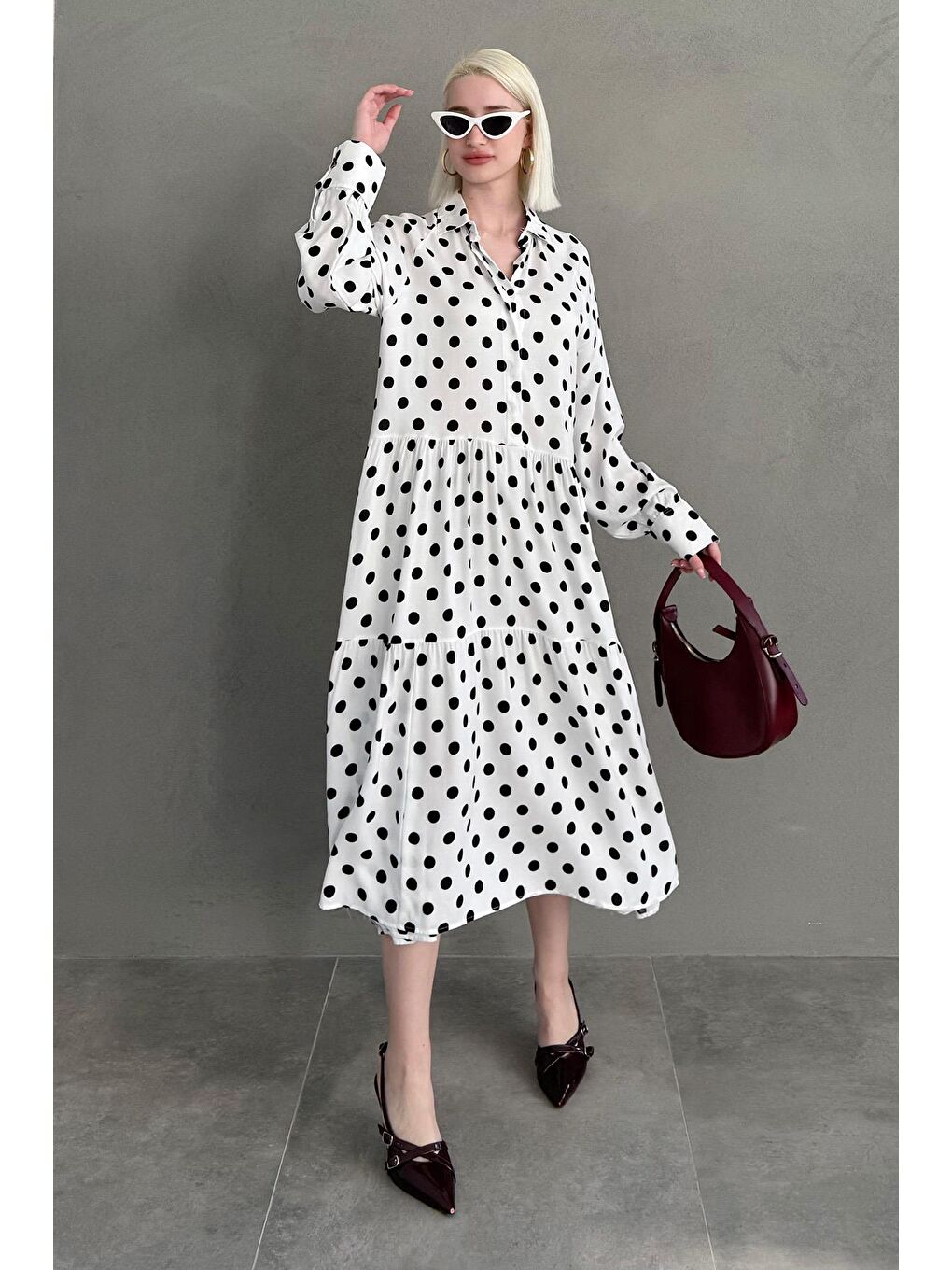 Beyaz Uzun Kollu Düğmeli Desenli Elbise Mg2430-2