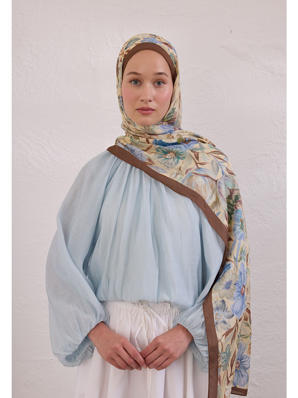 Kahverengi Vıntage Garden Desen Rami Şal Fındık Kabuğu-2