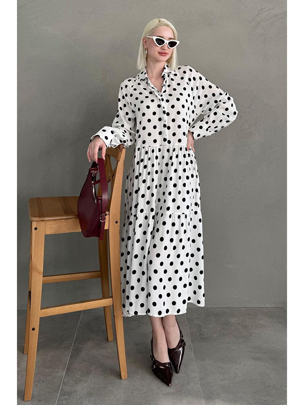 Beyaz Uzun Kollu Düğmeli Desenli Elbise Mg2430-3