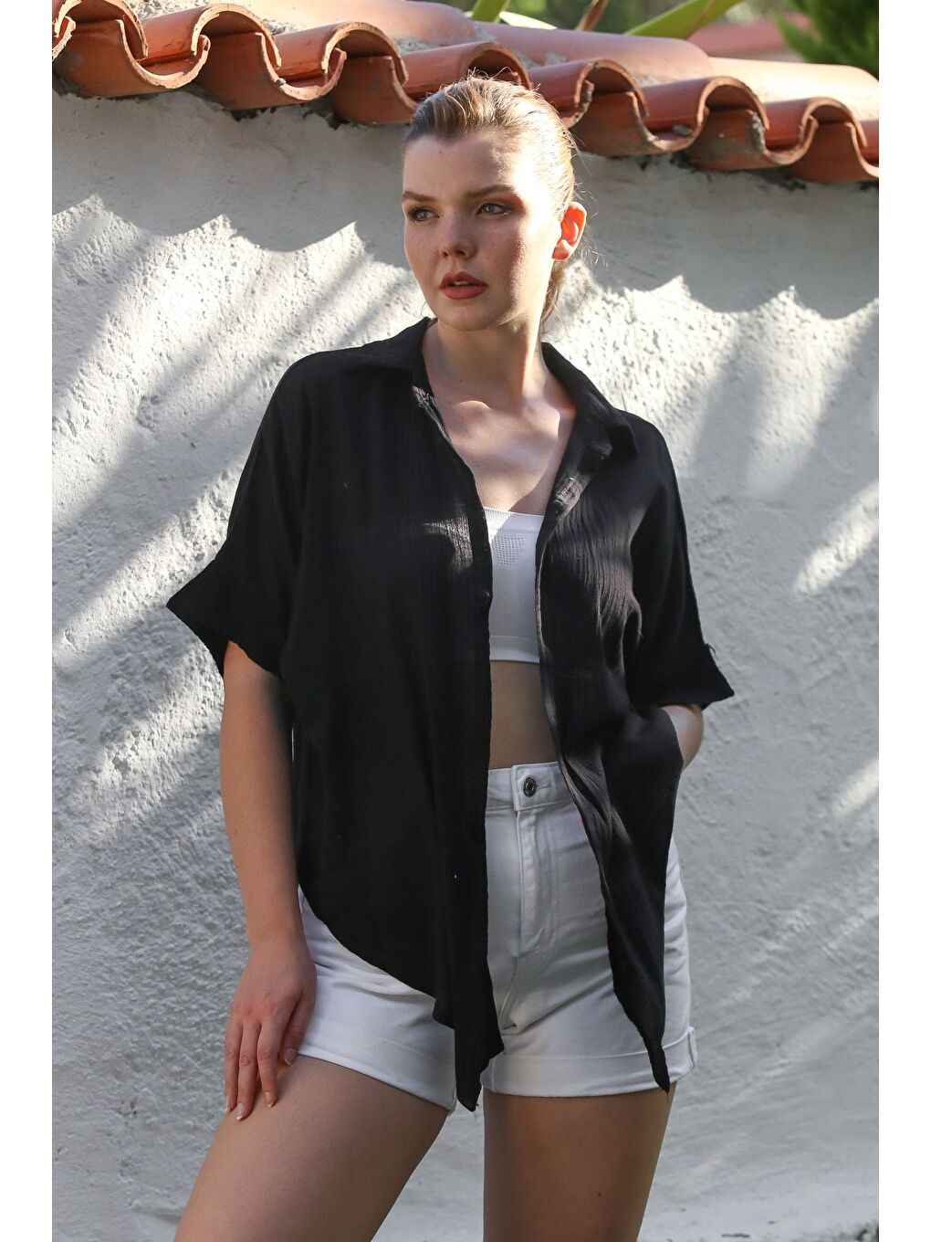 Siyah Gömlek Yaka Kısa Kol Kapamasız Yıkamalı Casual Dokuma Gömlek 62 67-2