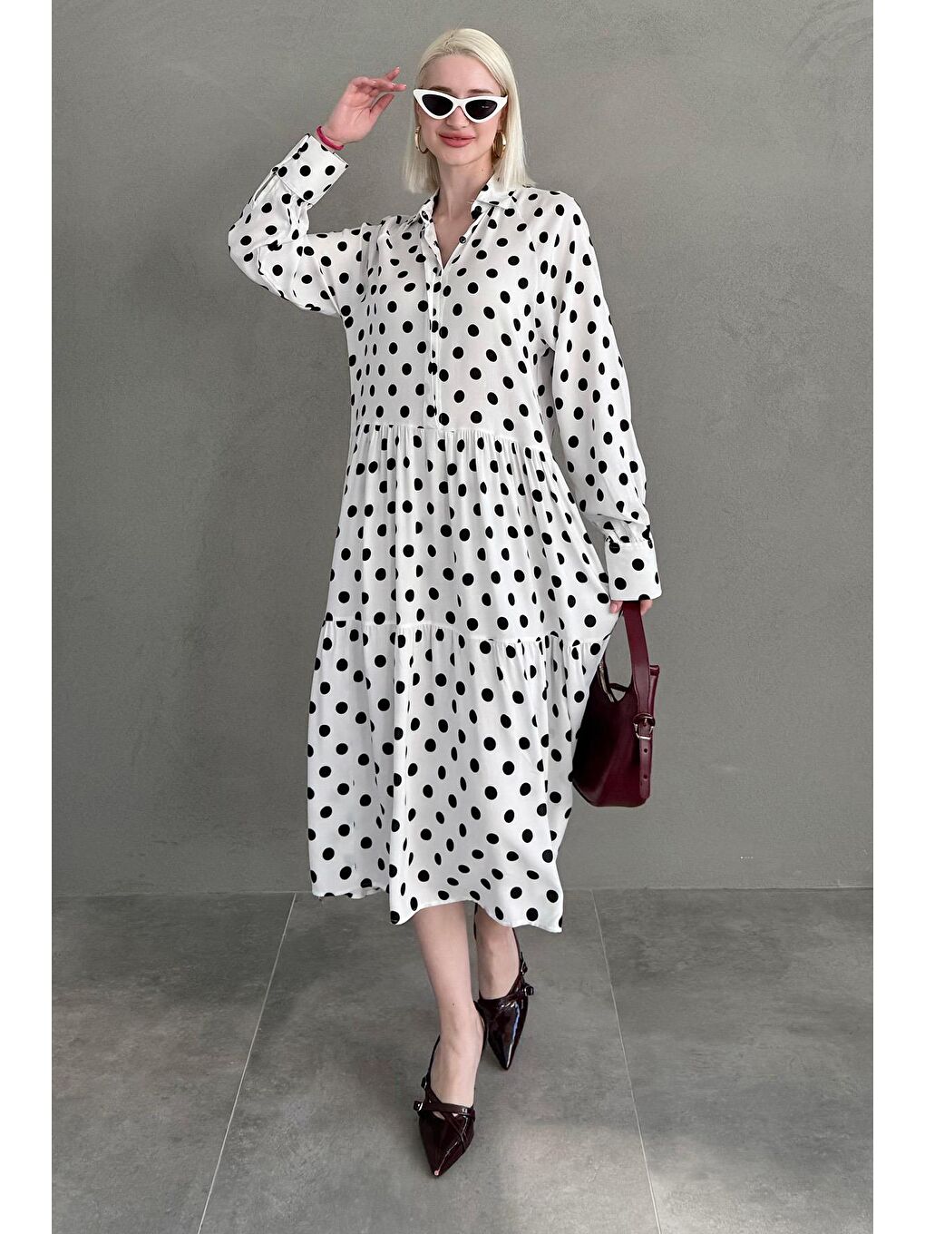 Beyaz Uzun Kollu Düğmeli Desenli Elbise Mg2430-4