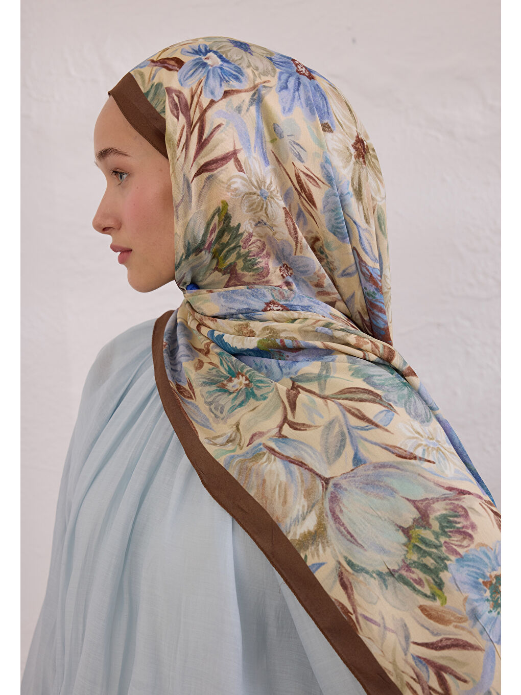 Kahverengi Vıntage Garden Desen Rami Şal Fındık Kabuğu-3