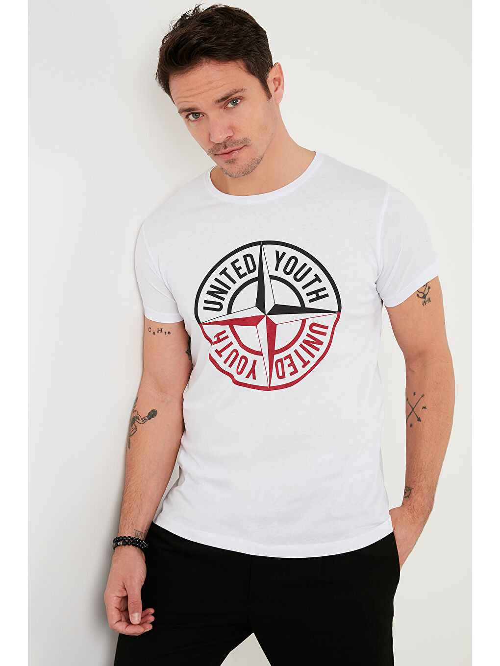 Beyaz Pamuklu Slim Fit Bisiklet Yaka Baskılı 3'lü Paket %100 Pamuk Tişört 541S31-2