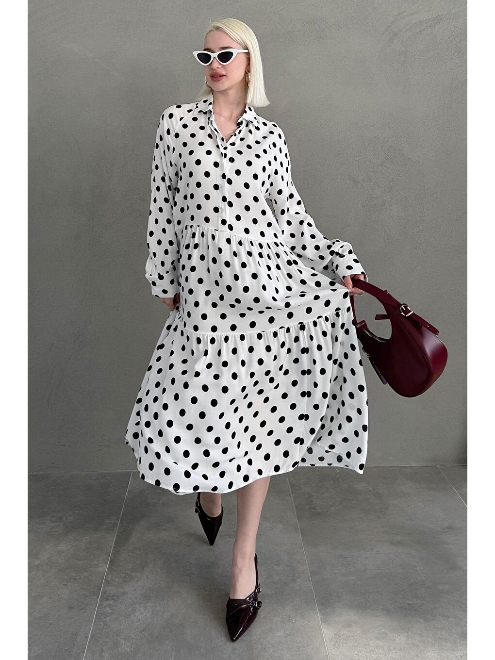 Beyaz Uzun Kollu Düğmeli Desenli Elbise Mg2430-5