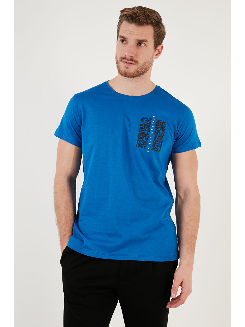 Beyaz Pamuklu Slim Fit Bisiklet Yaka Baskılı 3'lü Paket %100 Pamuk Tişört 541S31-3