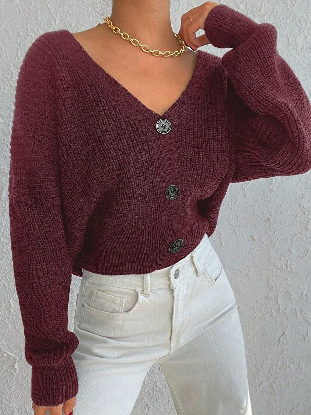 Bordo Kadın Uzun Kollu üç Düğmeli Triko Hırka-2
