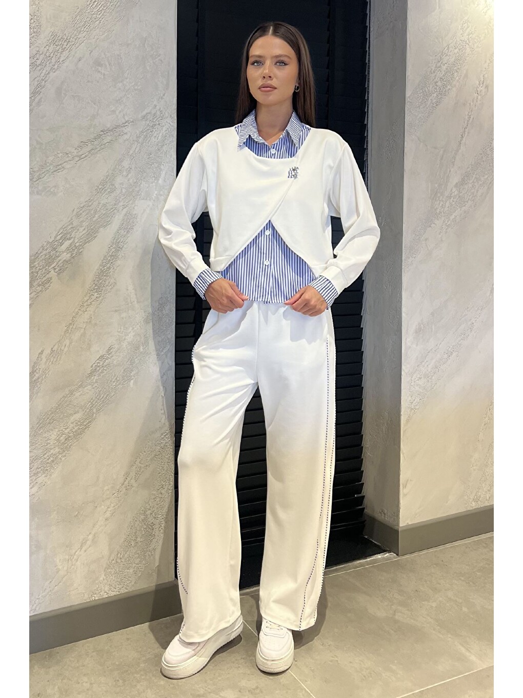 Ekru Kadın Gömlek Garnili Bluz Palazzo Pantolon İkili Takım-1