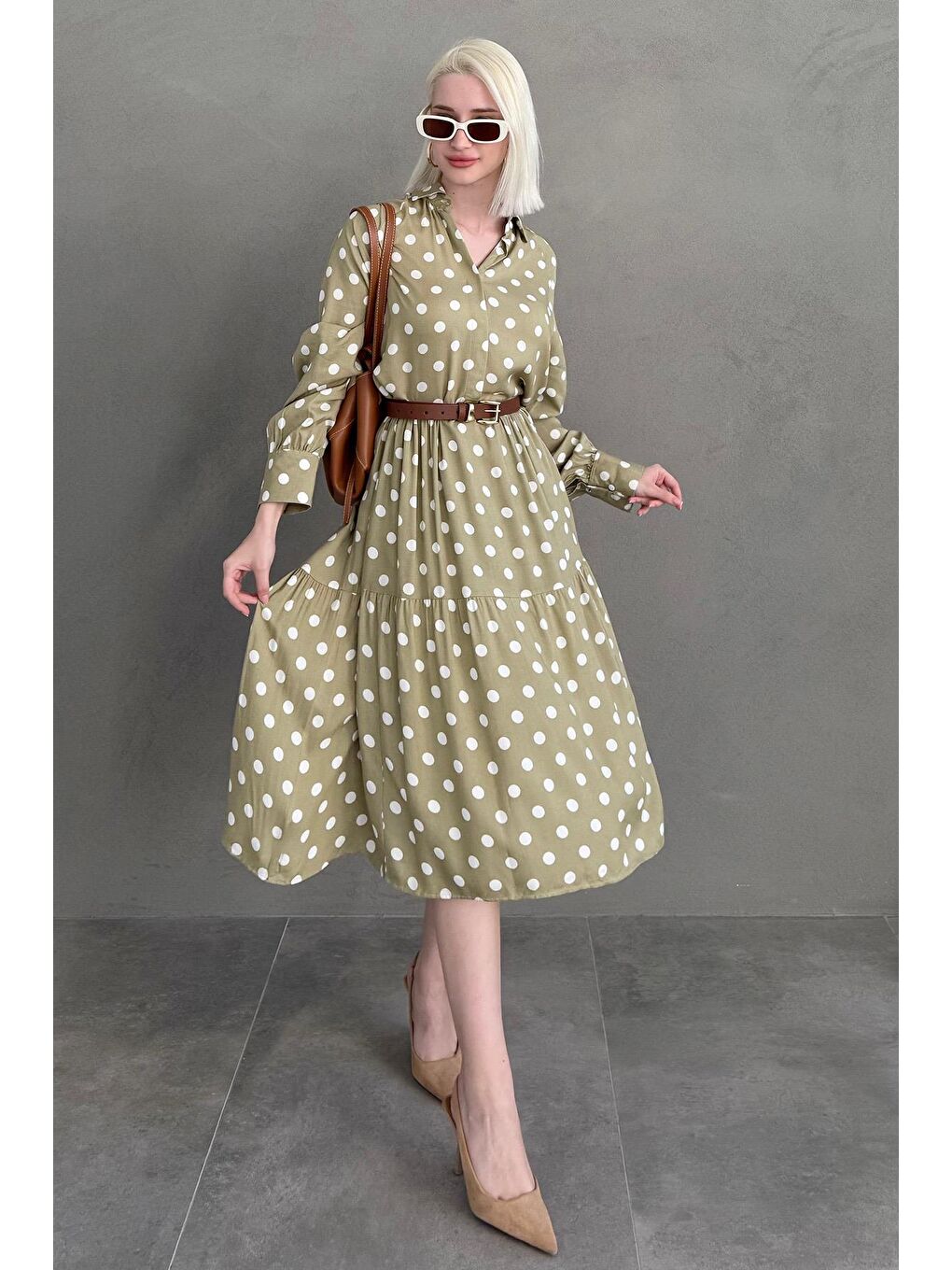 Haki Uzun Kollu Düğmeli Desenli Elbise Mg2430