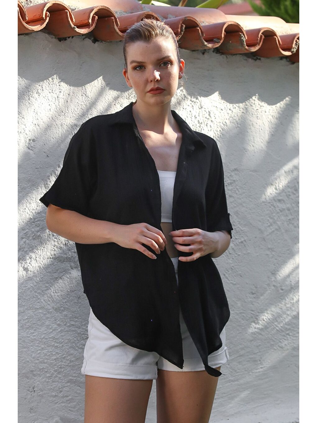 Siyah Gömlek Yaka Kısa Kol Kapamasız Yıkamalı Casual Dokuma Gömlek 62 67-3