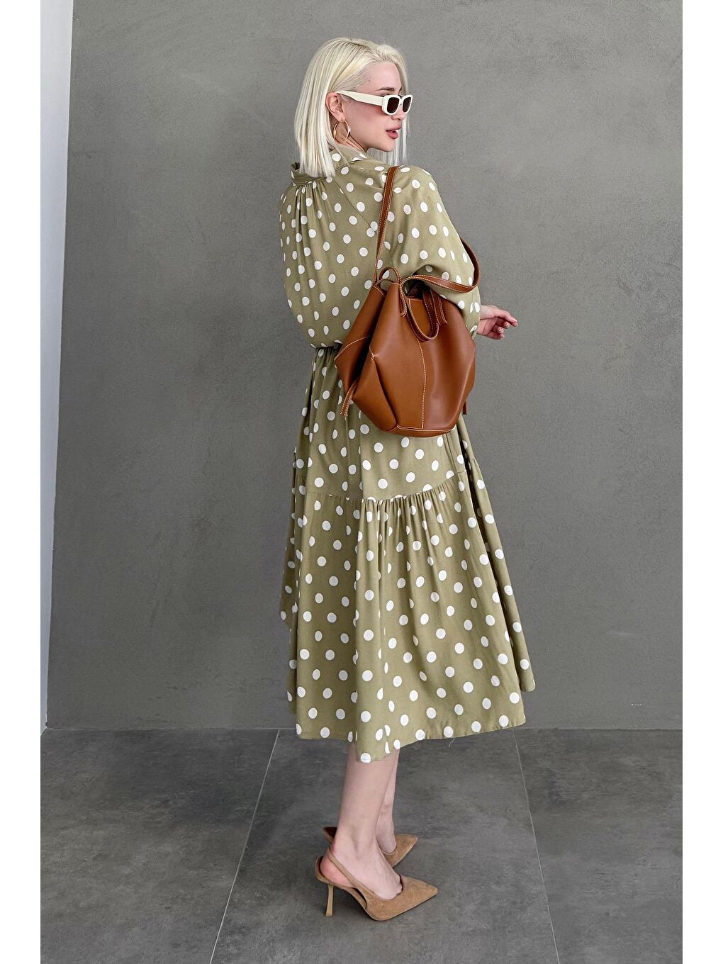 Haki Uzun Kollu Düğmeli Desenli Elbise Mg2430-1