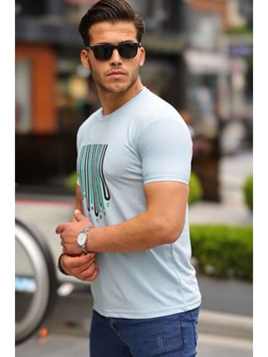 Mavi Baskılı Sıfır Yaka T-Shirt-1