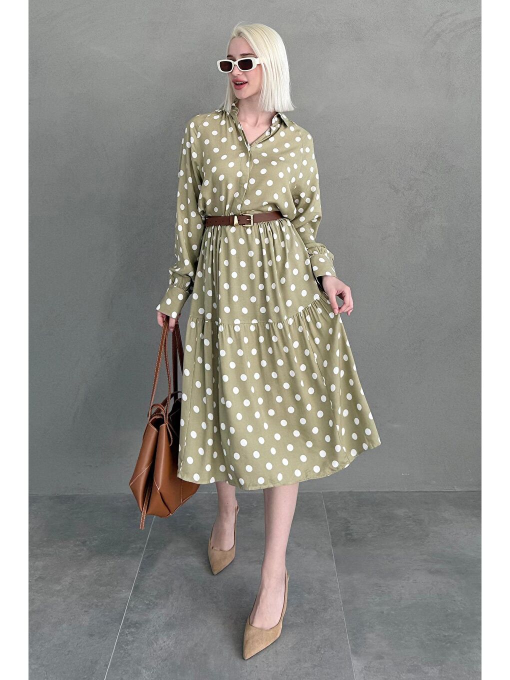 Haki Uzun Kollu Düğmeli Desenli Elbise Mg2430-2