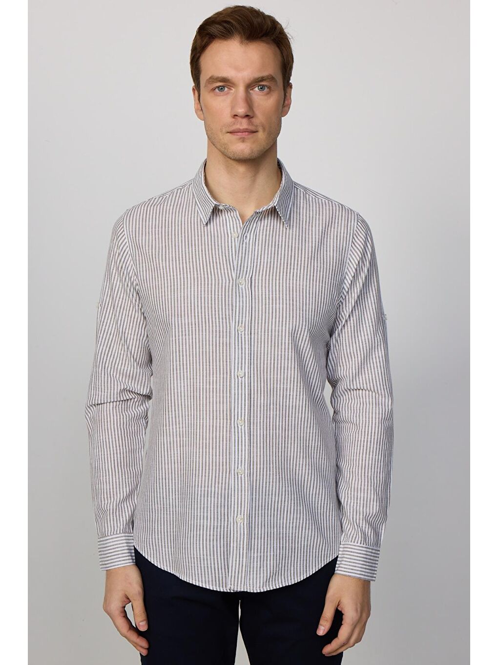 Karışık Erkek Slim Fit Dar Kesim Uzun Kollu %100 Pamuk Keten Doku Çizgili Gömlek-2