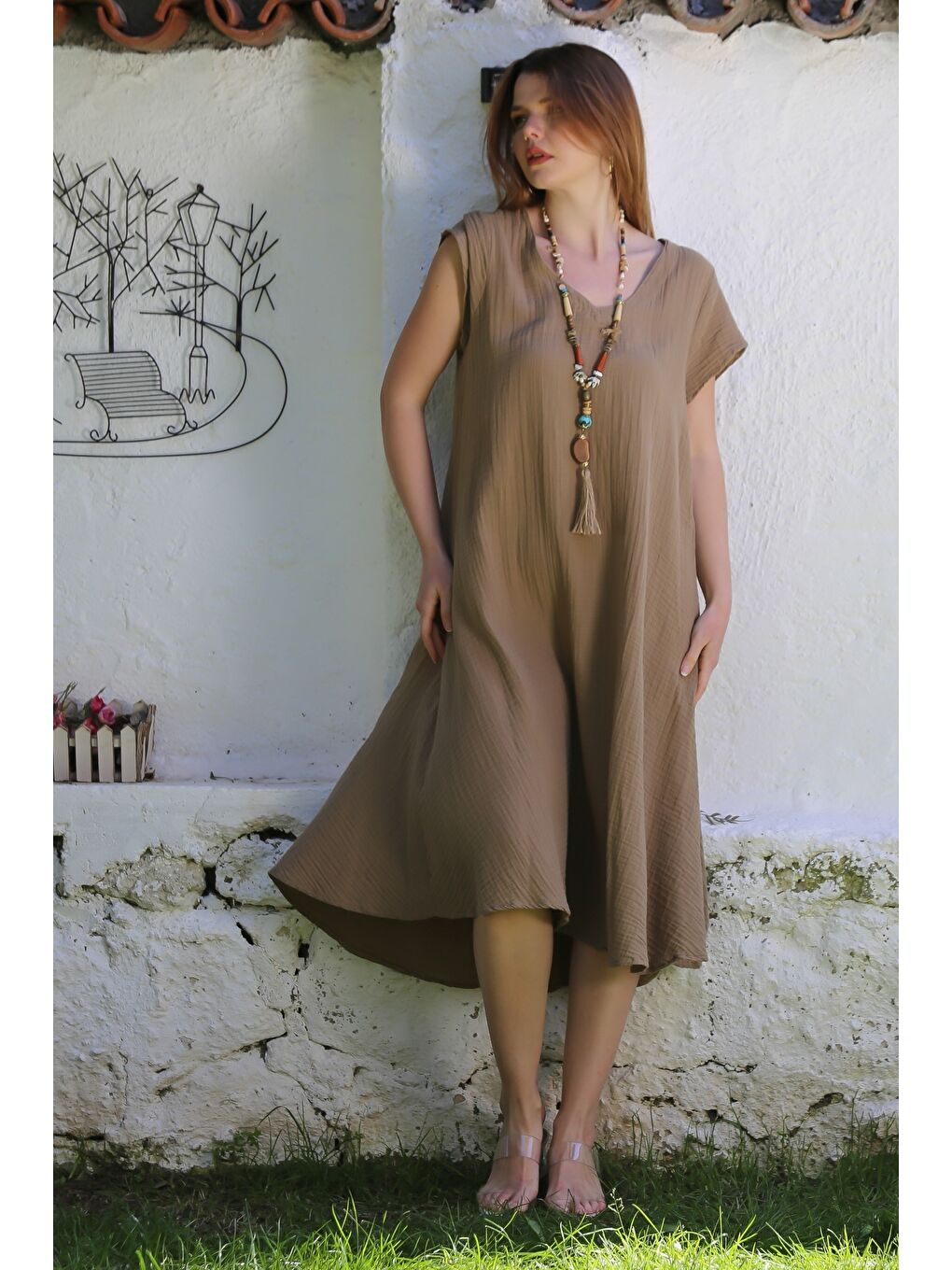 Kahverengi Açık Kahve V Yaka Düşük Kol Casual Müslin Dokuma Elbise Kloş Etek 115 63-1