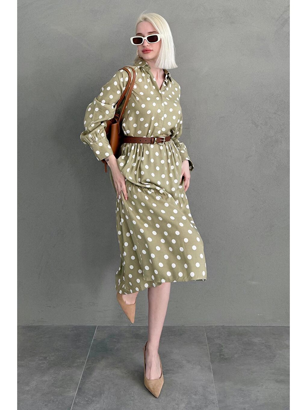 Haki Uzun Kollu Düğmeli Desenli Elbise Mg2430-3