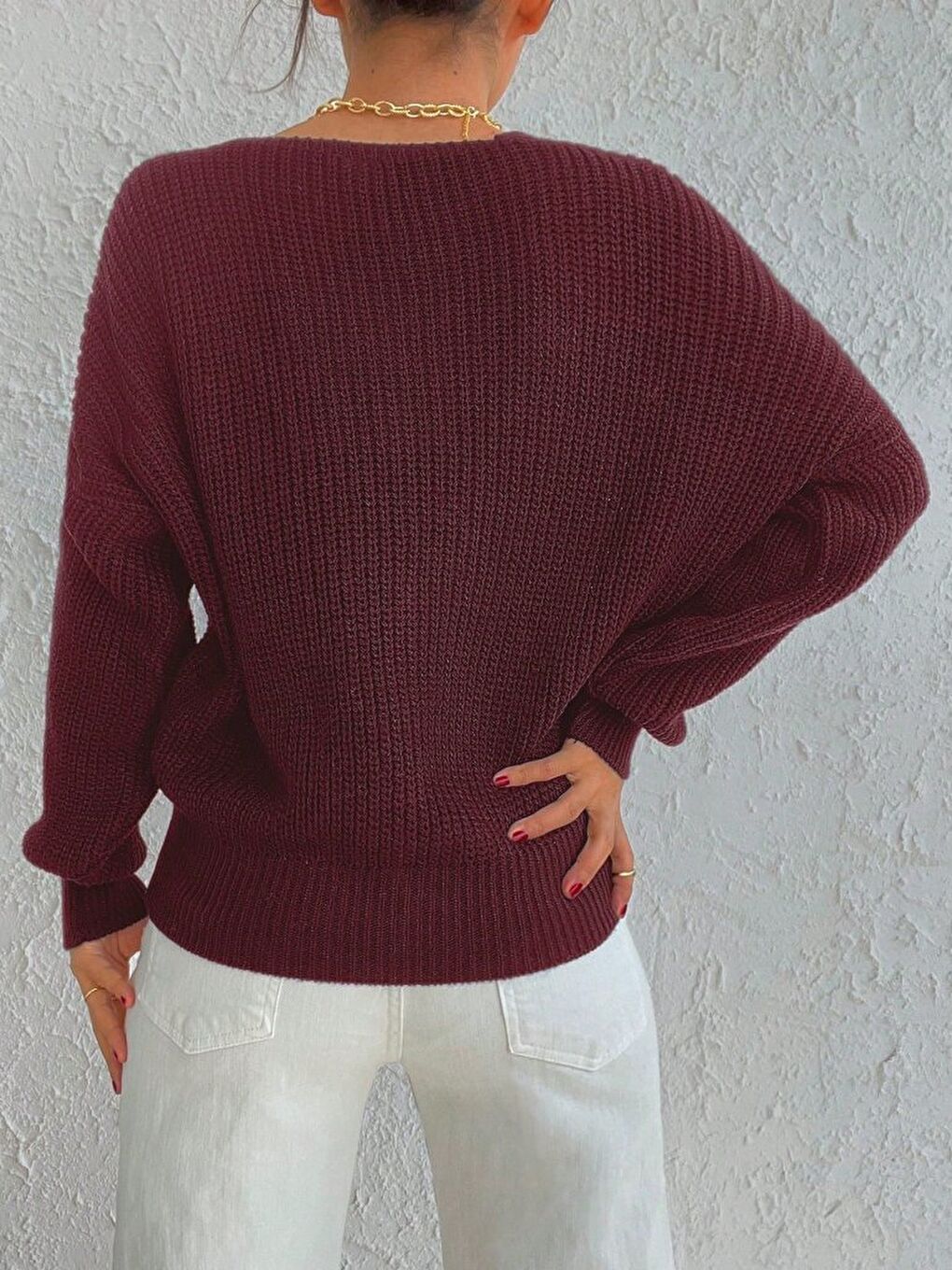 Bordo Kadın Uzun Kollu üç Düğmeli Triko Hırka-3