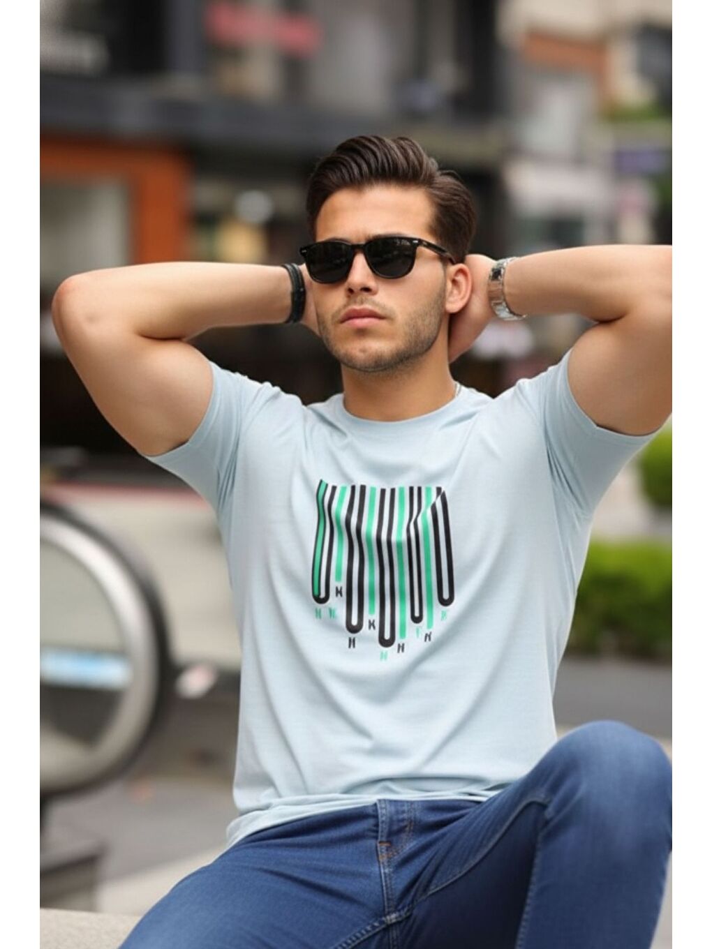 Mavi Baskılı Sıfır Yaka T-Shirt-3