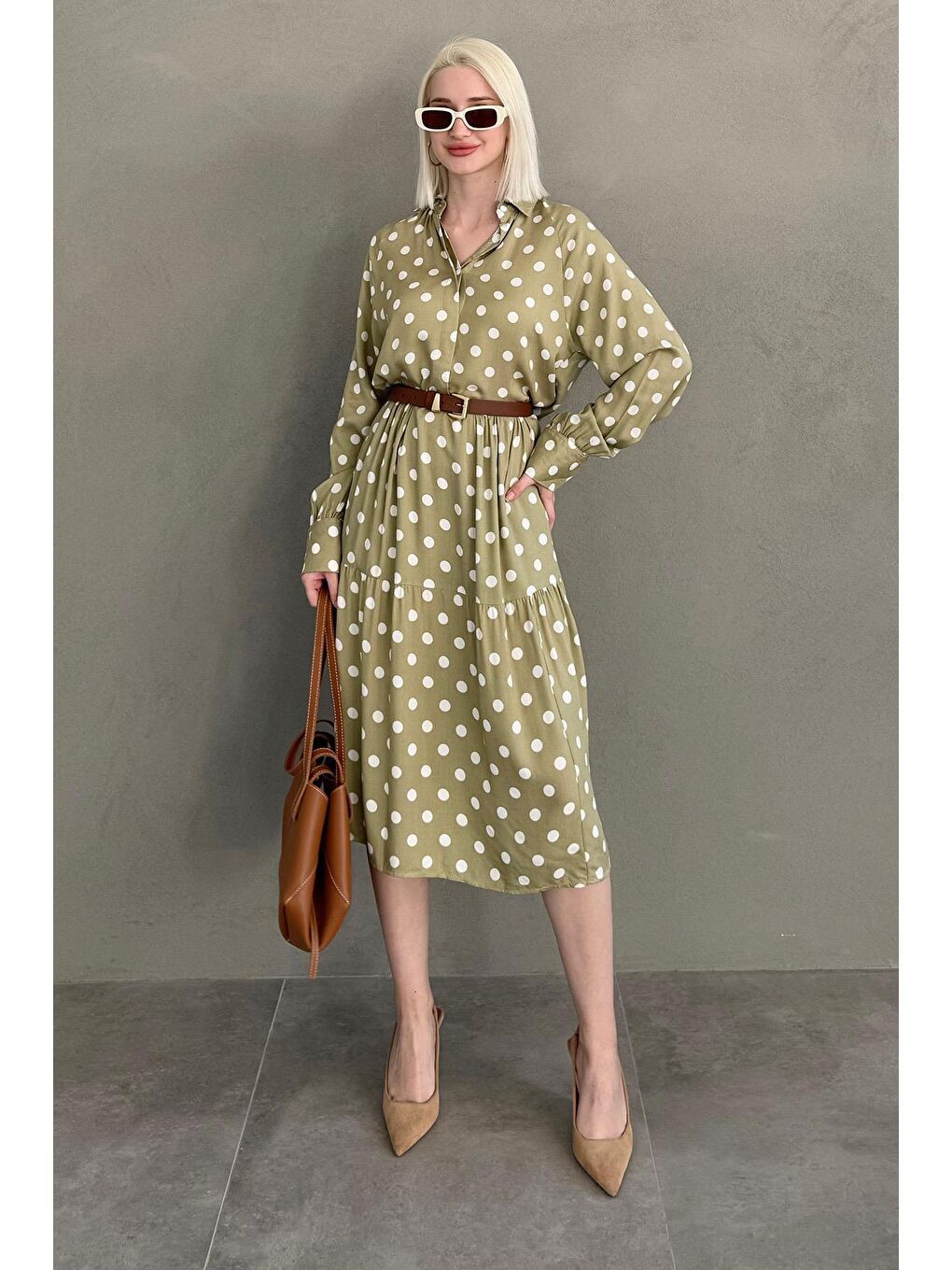 Haki Uzun Kollu Düğmeli Desenli Elbise Mg2430-4