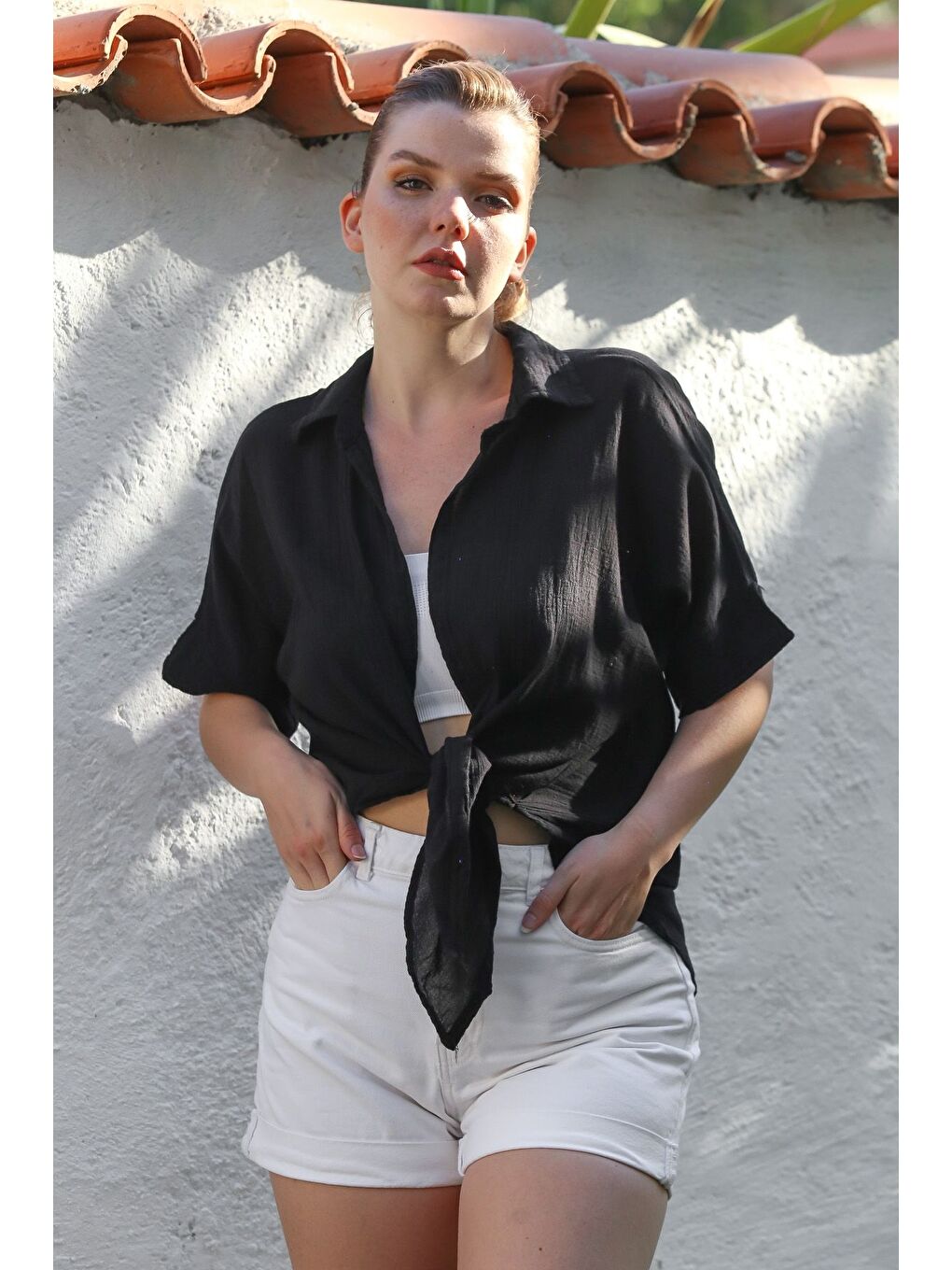 Siyah Gömlek Yaka Kısa Kol Kapamasız Yıkamalı Casual Dokuma Gömlek 62 67-4