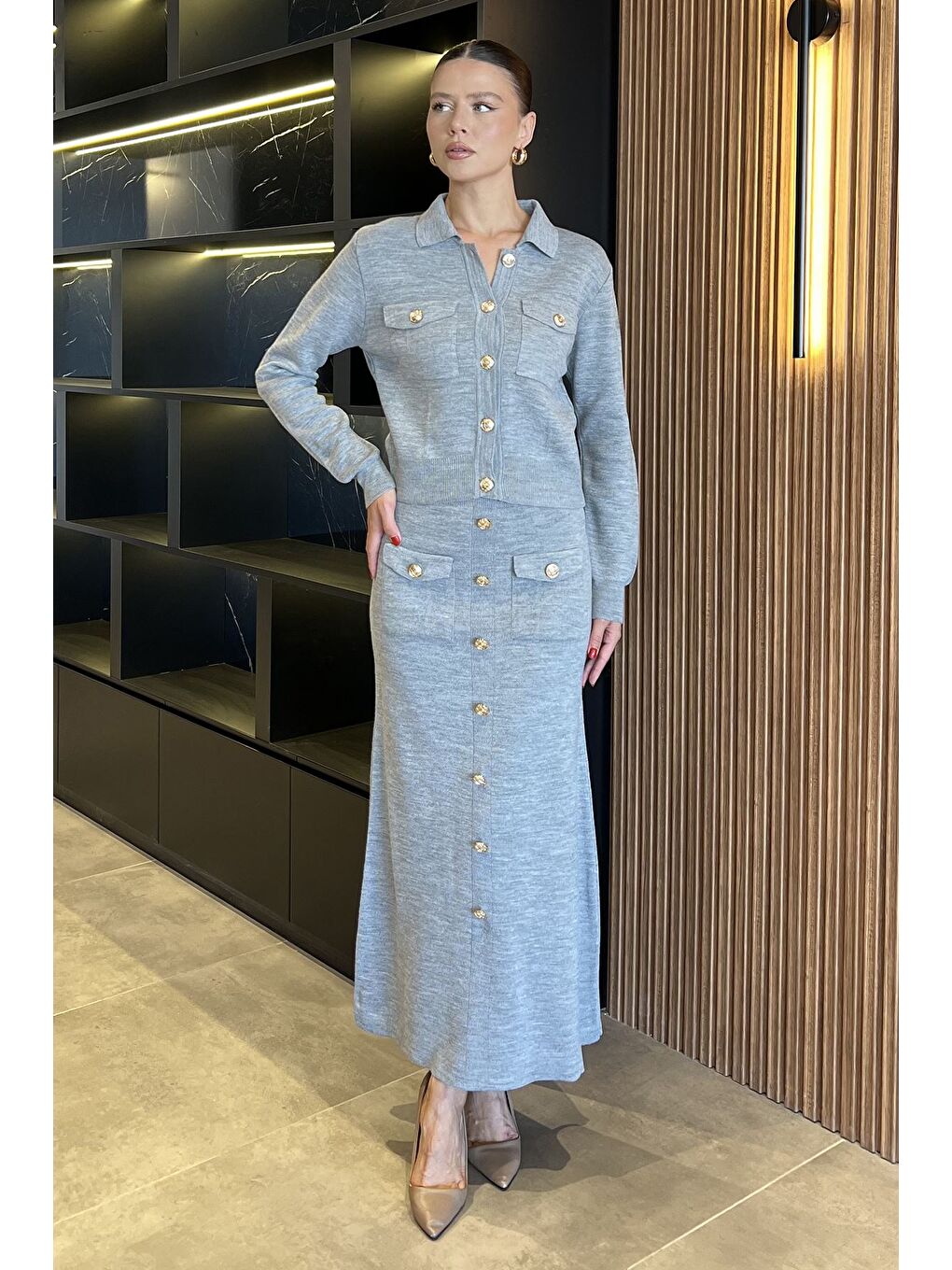 Gri Düğme Detaylı Hırka Etek Triko İkili Takım-1