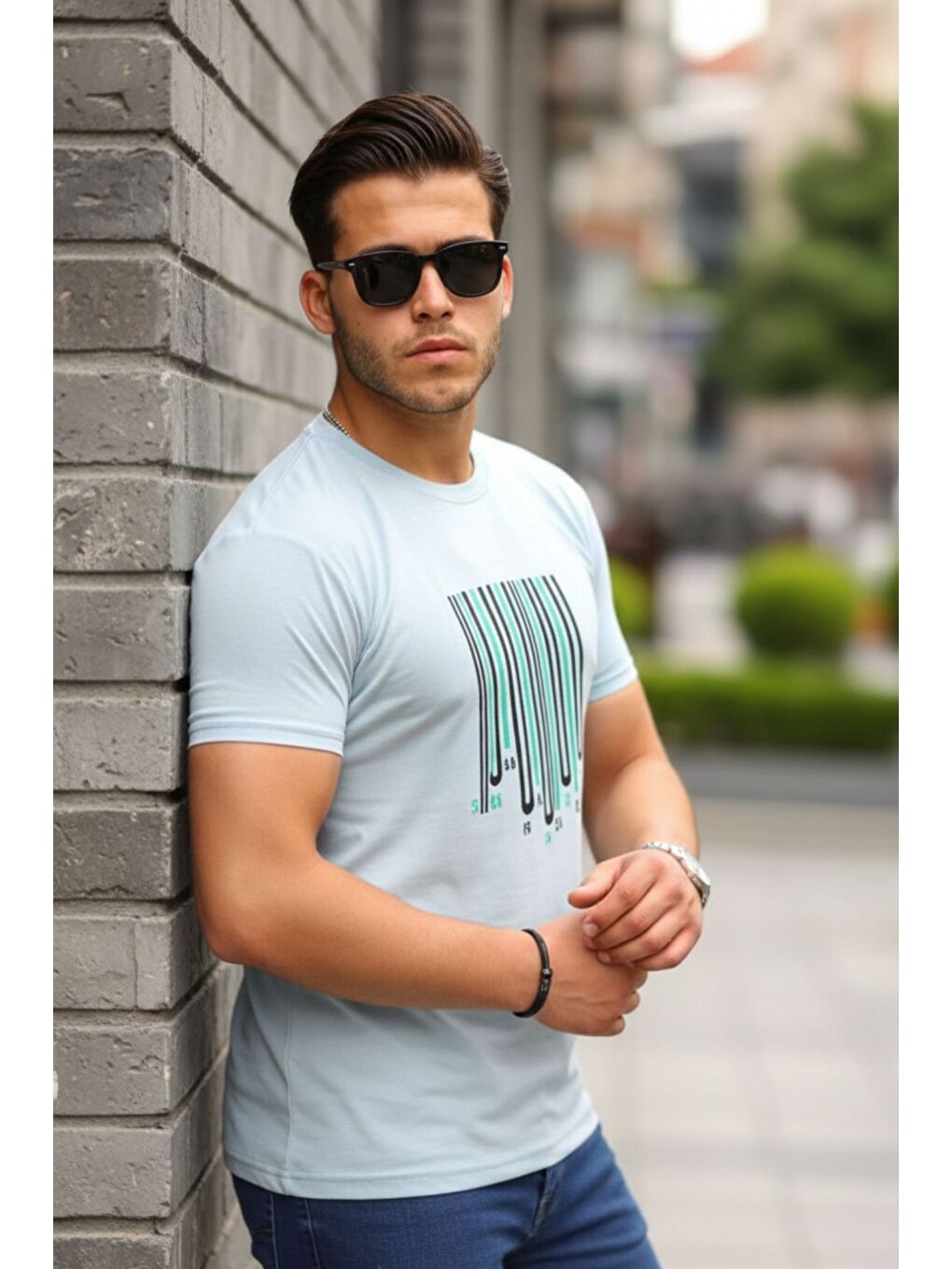 Mavi Baskılı Sıfır Yaka T-Shirt-4