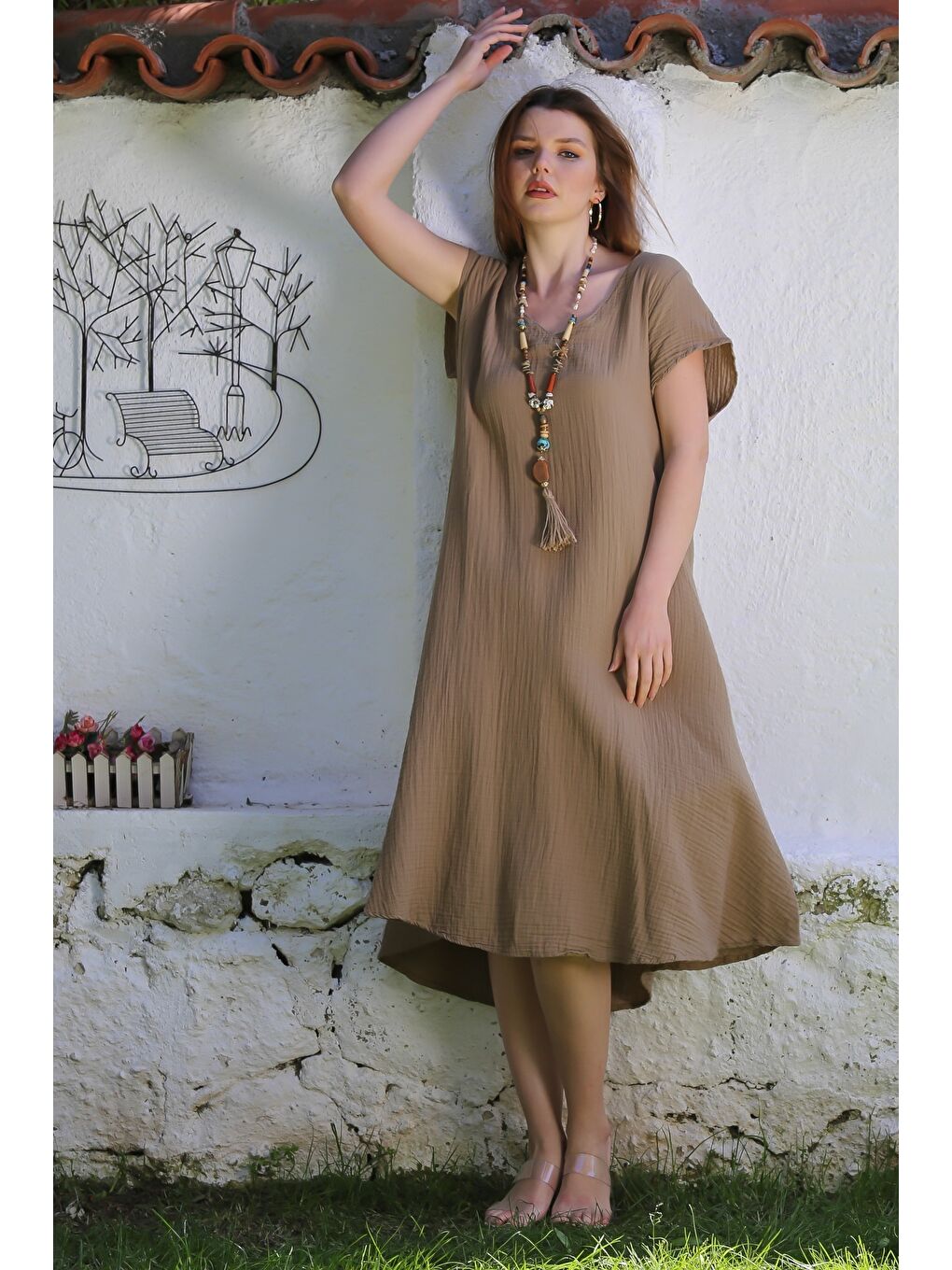 Kahverengi Açık Kahve V Yaka Düşük Kol Casual Müslin Dokuma Elbise Kloş Etek 115 63-2
