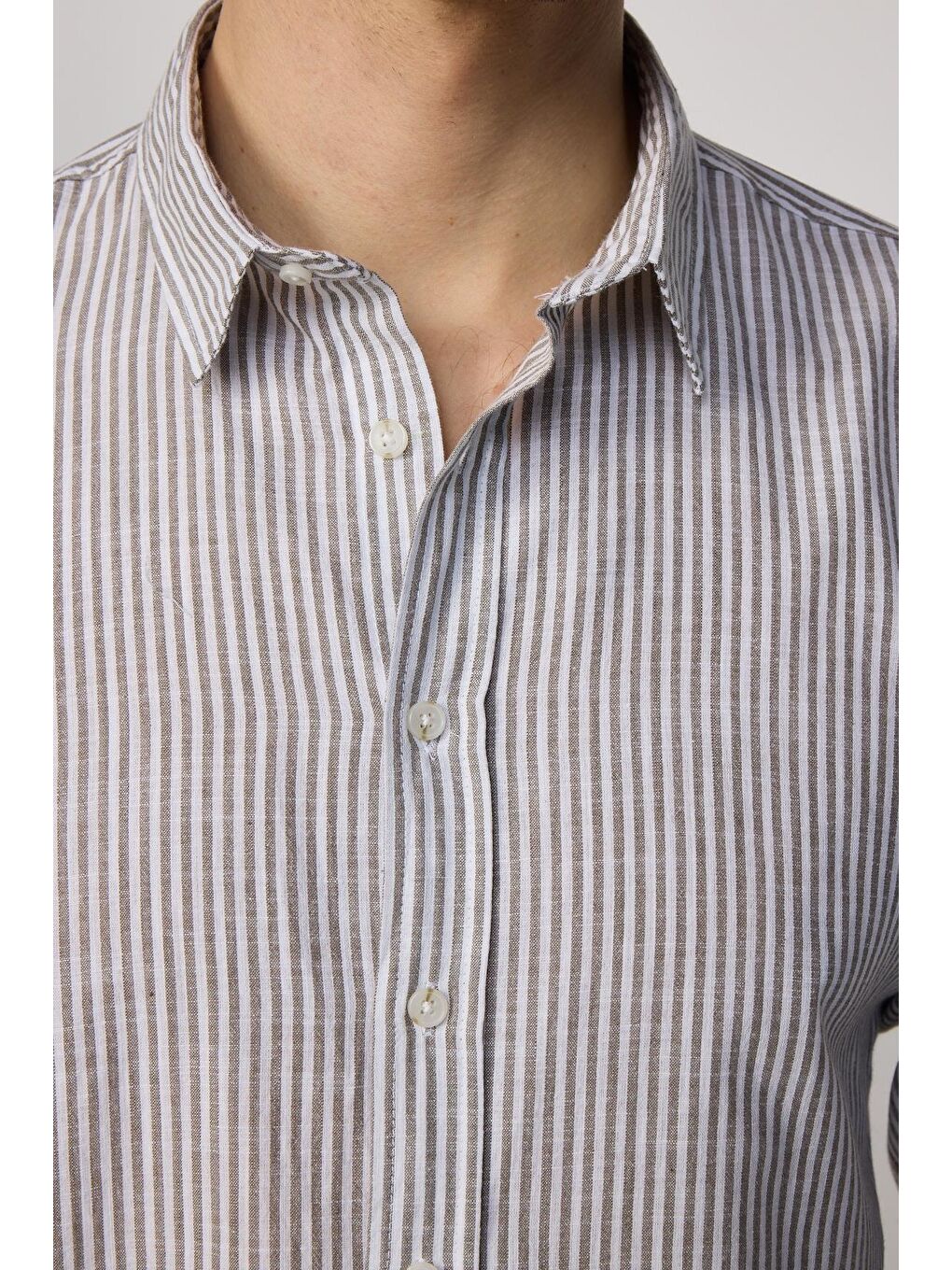 Karışık Erkek Slim Fit Dar Kesim Uzun Kollu %100 Pamuk Keten Doku Çizgili Gömlek-3
