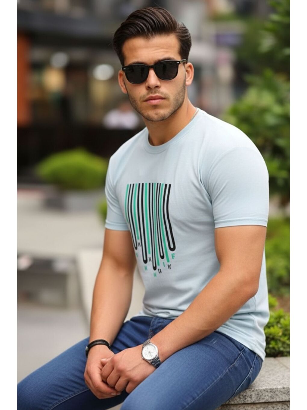 Mavi Baskılı Sıfır Yaka T-Shirt-5