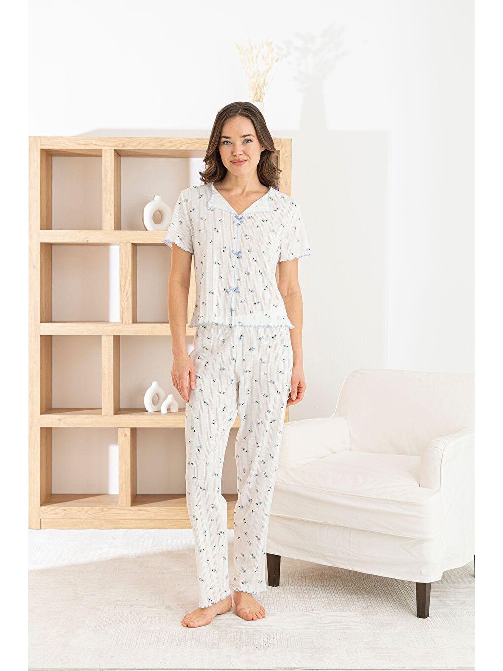 Mavi Kadın %100 Pamuk Kurdele/Fiyonklu Kısa Kollu Fitilli Kaliteli Örme Pijama Takımı-1