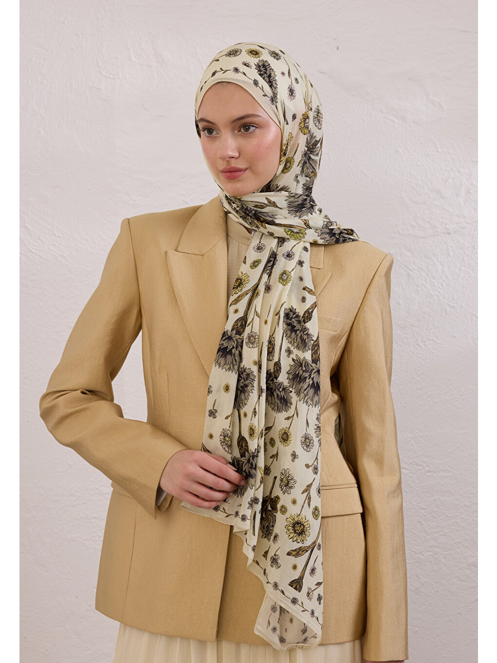 Bloomıng Dahlıa Desen Rami Şal Soft Sarı-1